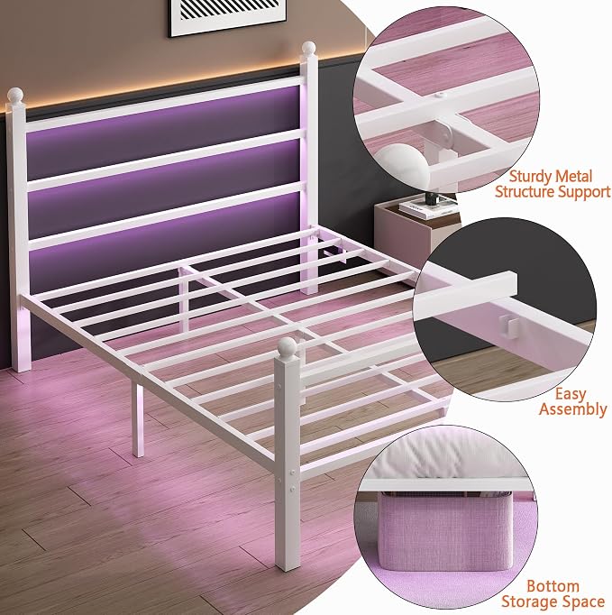 CLIBFENG Queen Size Bed Frame with Headboard and Footboard,Steel Slats Support-LED Bed Frame with USB Charging Station,Mattress Foundation-Under Bed Storage,No Box Spring Needed,Noise Free,White