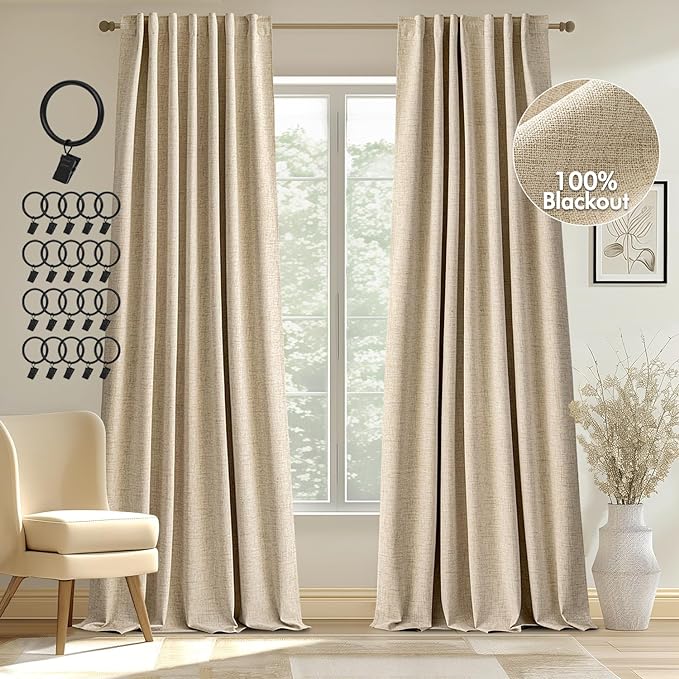MIULEE 100% Blackout Curtains Linen Curtains & Drapes 84 Inch Oatmeal Beige | 2 Panels, Full Black Out, Thermal Insulated, Room Darkening Window Curtains for Bedroom Living Room , Back Tab & Rod Pocket