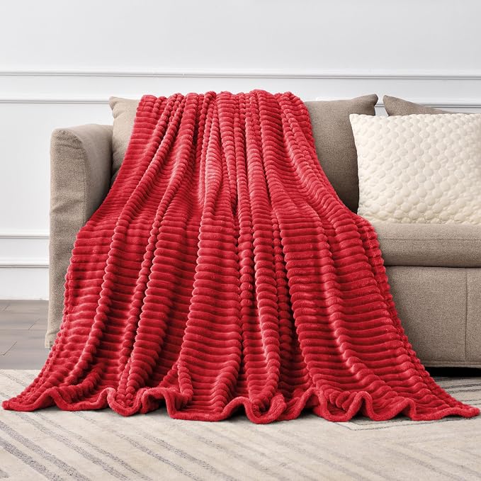 BEDELITE 3D Ribbed Jacquard Red Fleece Twin Blanket for Couch, 60x80 Inch | Soft Warm Fluffy Throw Blanket for Bed Sofa College Dorm Room Decor, Luxury Cozy Plush Gifts for Women Girls, Lightweight