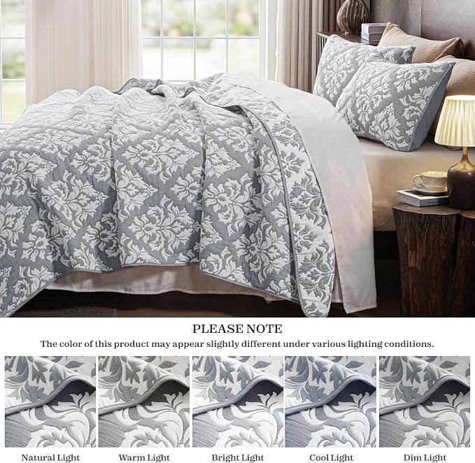 Exclusivo Mezcla Cotton Quilts King Size Grey | Soft Lightweight Bedspread, Breathable Prewashed Yarn Dyed Muslin, All Season Bedding Set, Boho Coverlet With 2 Pillow Shams