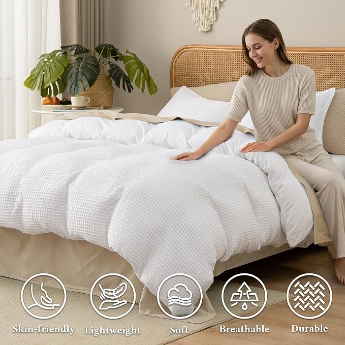 David's Home Soft Textured Waffle Weave Duvet Cover Set, Twin Size, White | Breathable Cozy for All Season, 300GSM, 2PCS Home Bedding Decor, OEKO-TEX Certified, Hidden Zipper, 6 Corner Ties, 68" X 90"