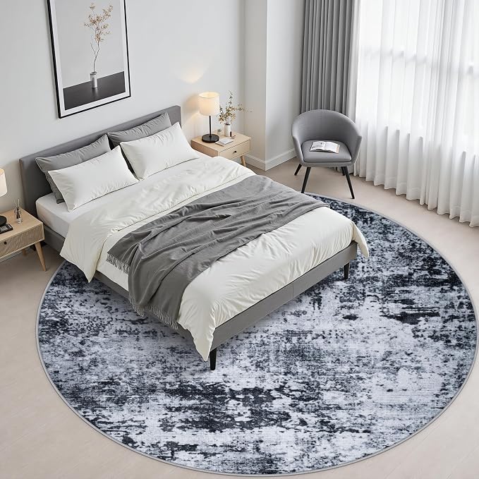 Round Area Rug Living Room: 4 ft Modern Washable Carpet Black | For Bedroom Dining Room Farmhouse Nursery Hallway Office,Modern Abstract,Machine washable,Non-Slip,Stain Resistant,Indoor