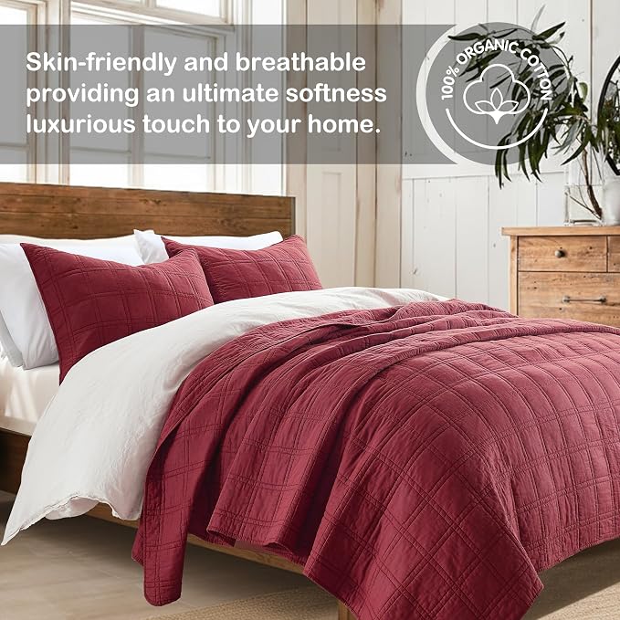 HORIMOTE HOME 100% Cotton Quilt Set Queen Size, Burgundy Pre-Washed Bedspreads Coverlet Set in Geometric Pattern, Cozy Lightweight Stitching Decorative Bedding Cover with 2 Shams for All Season