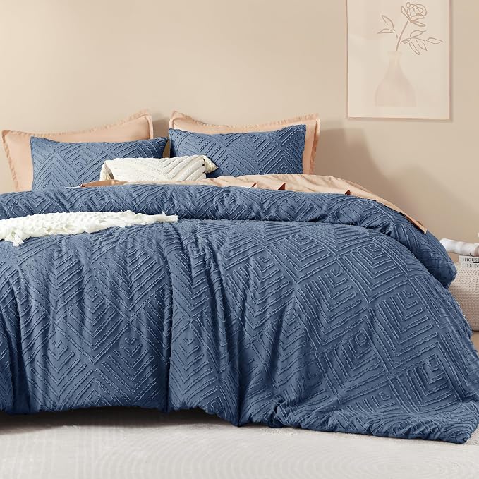 Litanika King Size Comforter Set, 3 Pieces Tufted Boho Bedding Set | Ocean Blue Farmhouse Shabby Chic Vintage Bohemian Textured Aesthetic Soft Fluffy Lightweight Breathable All Season Bed Set