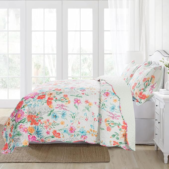 Quilt Bedspread Sets- Dreamy Flowers Reversible Coverlet Set,Queen Size