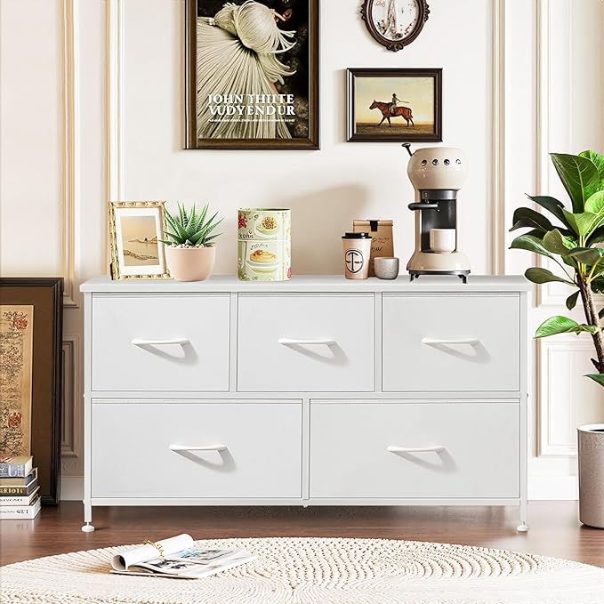 5-Drawer Dresser for Bedroom, Anti-Tip Wide Storage Organizer Fabric | Chest of Drawers TV Stand for 45" TV with Wooden Top and Metal Frame for Closet, Living Room, Hallway, Entryway, White