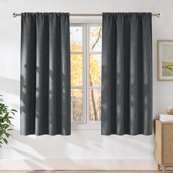 NICETOWN Charcoal Gray Faux Linen Room Darkening Rod Pocket Curtains 63 inch Length, W42 x L63, Light Blocking Thermal Insulated Noise Reducing Drapes for Bedroom Living Room Farmhouse Decor, 2 Panels