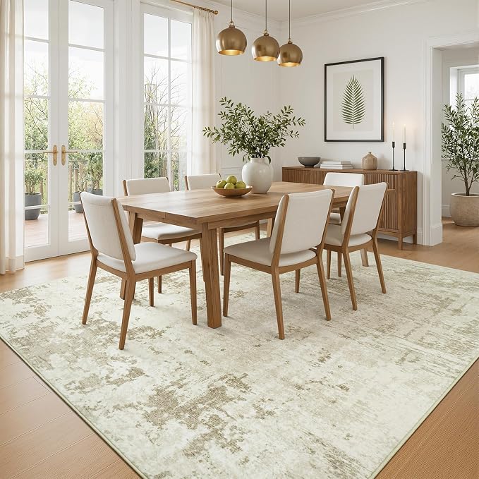 Rugflix 5x7 Area Rugs for Living Room, Washable Linen Beige Large Rug | Machine Washable; Stain-Resistant; Low Pile; Non-Slip; Modern Abstract; Carpet for Bedroom Dining Office Nursery Home