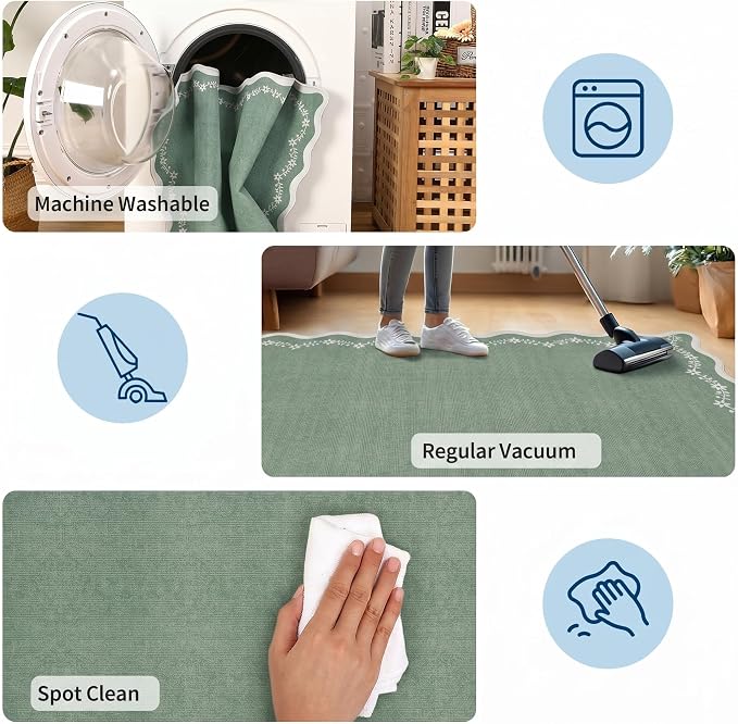 GarveeHome Round Rugs 6ft Scalloped Washable Circle Rug for Dining Room | Soft Sage Green Non Slip Floral Print Floor Mat Carpet Indoor Thin Tent Rug for Kids Bedroom Playroom Nursery Entryway