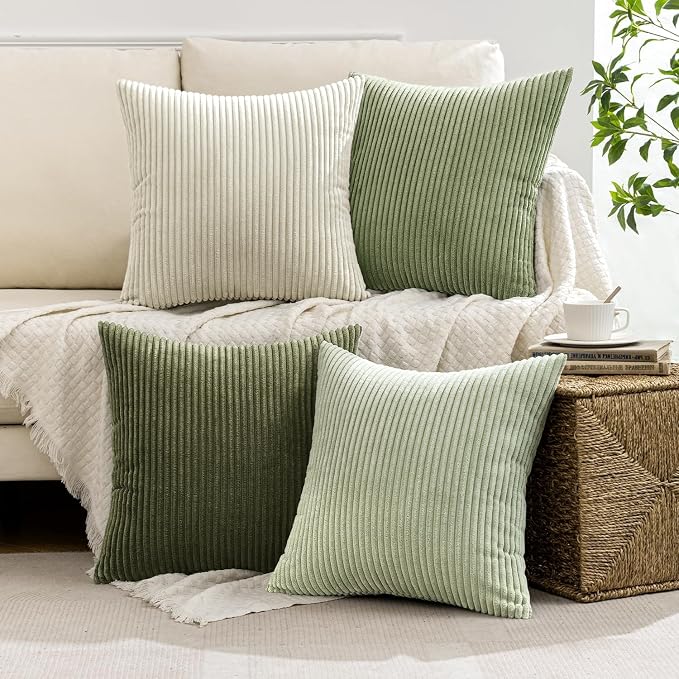 MIULEE Soft Corduroy Decorative Throw Pillow Covers Light Green 24x24 | Set of 4, Mordern Nordic Decor, Light Green Gradient Matching, Boho Farmhouse Cushion Covers for Couch Bed Sofa Living Room