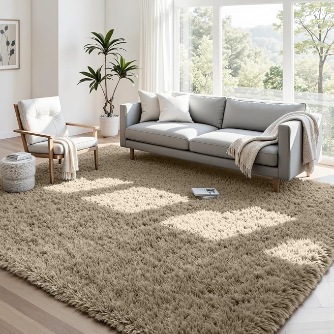 4x6 Fluffy Shag Area Rugs for Living Room Bedroom: Soft Carpet Gray Camel | Upgraded Non-Slip Thick Memory Foam, Ultra Soft, Non-Shedding Fuzzy Carpet, Easy Clean Decor for Kids Room, Nursery, Playroom