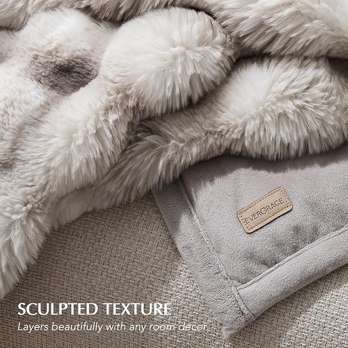 EverGrace Faux Rabbit Fur Bubble Throw Blanket, 60"x80", Light Grey | Ultra Soft, Luxury Faux Rabbit Fur Throw, Thick Warm Bubble Blanket, Cozy Fluffy Reversible, for Bed, Couch, Chair, Sofa