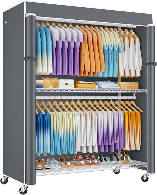 P8C Max Heavy Duty Clothes Rack（With Extended Width Design） Rolling Clothing Racks for Hanging Clothes with Lockable Wheels，51.2" W x 15.8" D x 80.5" H，Load 800LBS，White Rack with Grey Cover