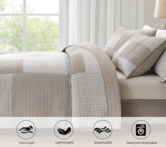 Chezmoi Collection Quinn 3-Piece Neutral Taupe Gray White Floral Hibiscus Flower Candy Stripe Patchwork Quilt Set - Pre-Washed Cotton Coverlet - Lightweight Reversible Bedspread, Queen Size