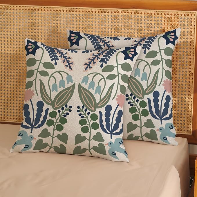 Navy Blue Boho Pillow Covers 20x20 Inch 2 Pcs Sage Green Floral Decor Throw Pillows Vintage Flower Seasonal Spring Summer Outdoor Decoration Pillowcase Linen Cushion Cover for Couch Sofa