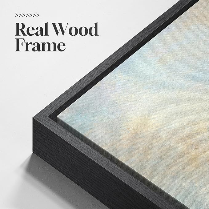 Extral Large Framed Abstract Landscape Wall Art for Living Room, 48x48 In | Oversized Canvas Prints, Neutral Minimalist Pictures, Blue Gray, Gold, Black Frame, Square Paintings, Dining Room Wall Decor