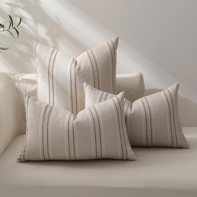 Hckot Caramel Throw Pillow Covers 22x22 Set of 2 Fall Pillow Covers | Textured Linen Striped Decorative Pillows Square Cushion Covers for Sofa Couch Bed Living Room Farmhouse Decor