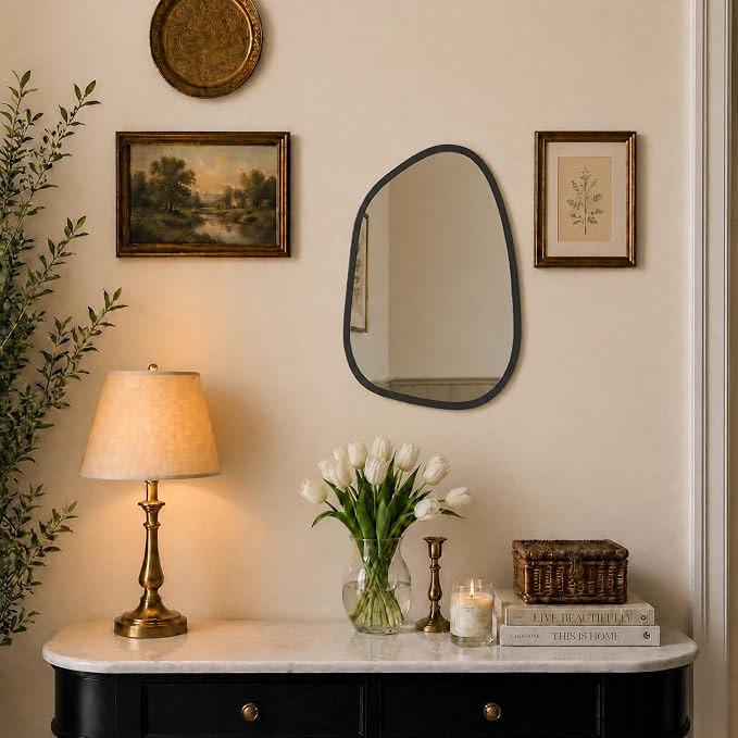 PERFNIQUE Irregular Wall Mirror Asymmetrical Mirror, 16''x12'' Small Black Mirror for Bathroom Bedroom Living Room Entryway, Decorative Modern Wall Decor, Wall Mounted (Black, 16''x12'')