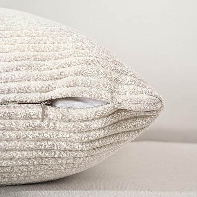 Volcanics Set of 4 Neutral Grey Corduroy Couch Throw Pillow Covers 20x20 in | Decorative Modern Farmhouse Striped Cushion Cases, Soft Boho Square Accent Pillow Covers for Home Sofa