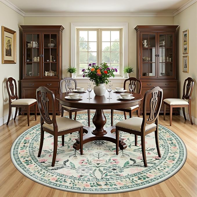 PLHXFR Round Area Rug Living Room: 8 ft Floral Washable Carpet Green Beige | For Bedroom Dining Room Farmhouse Nursery Hallway,Vintage Floral,Machine washable,Non Slip,Stain Resistant,Large Indoor