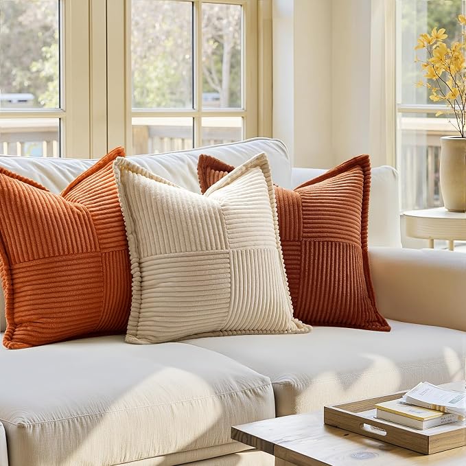 MIULEE Fall Rust Decorative Throw Pillow Covers for Couch 16x16 Inch | 2 Pack, Terracotta Boho Broadside Striped Patchwork Pillow Covers, Soft Corduroy Cushion Cases, For Sofa Bed Livingroom