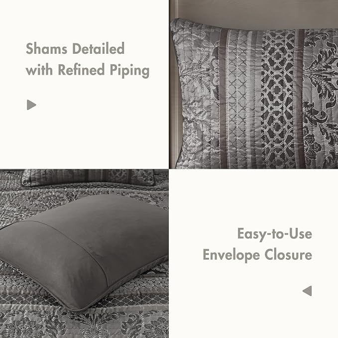 Madison Park Traditional Jacquard Quilt Set, 6PC King/Cal King Coverlet | Damask Design, All Season, with Shams, Decorative Pillows, Lightweight, Reversible, Grey