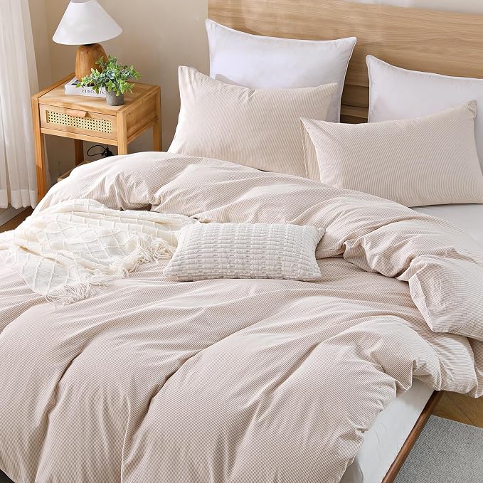 TOCOMOA Brown Striped Duvet Cover Set 100% Washed Cotton Like Linen, King | Linen-Like Feel Soft, Breathable & Comfy for All Season. Pinstriped Bedding Set with Zipper & 8 Ties. 3 Pcs, No Insert