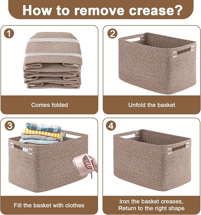 OIASKET 4Packs Natural Cotton Rope Storage Baskets for Organizing Toys, Clothes, Towels & Books, Soft Versatile Organizers for Shelves, Home Decorative Bins, 13''Lx9''Wx7.8''H, Linen Brown