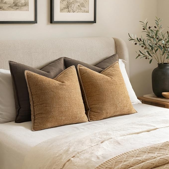 MIULEE Decorative Couch Throw Pillow Covers 18x18 Inch Apricot Brown 2 Pack | Farmhouse Pillow Covers with Stitched Edge, Soft Chenille Cushion Cases, for Sofa Bed Living Room Home Decor