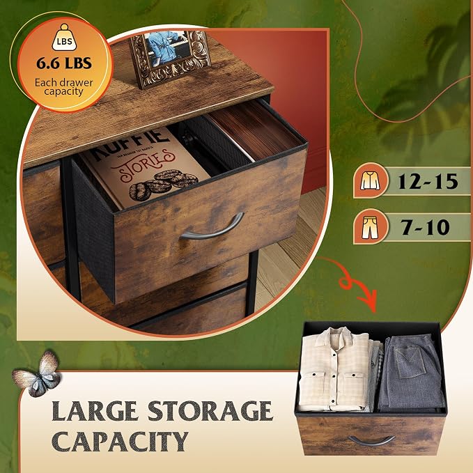 WLIVE 8 Drawer Fabric Dresser for Bedroom, Tall Storage Tower, Rustic Brown | 8-drawer tall storage tower with fabric bins and wood tabletop, breathable non-woven, perfect for bedroom closet dorm