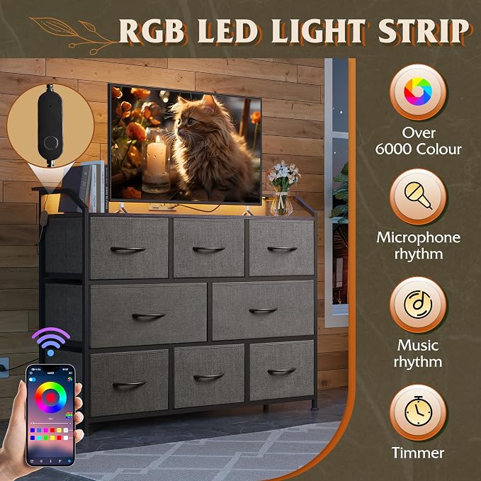 WLIVE Dresser for Bedroom, 8 Drawer LED Dresser with Outlet, Dark Grey | 8 roomy fabric drawers, LED ambient lighting, Built-in power outlet, Bedroom or living room, Chest of drawers