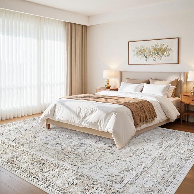 8x10 Washable Area Rugs for Living Room Beige White Non-Slip Rug | Vintage Medallion Rug，Soft Low Pile Large Rugs，Indoor Retro Carpet for Bedroom Nursery Dining Table Farmhouse Home Office