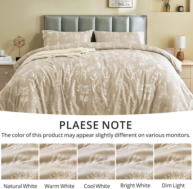 MUXHOMO Duvet Cover Twin/Twin XL Size Set, Reversible Floral Beige Duvet Cover with Zipper Closure, 2 Pieces Botanical Patterns Soft Microfiber Bedding Set with 4 Ties (68"x90", 1 Pillow Case)
