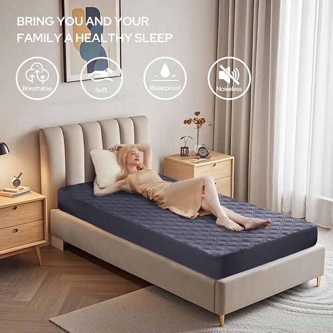BEDLORE Waterproof Twin Mattress Protector, Deep Pocket Fit, Washable | Soft Noiseless Breathable Bed Mattress Cover Pad, Fits 6-15 Inch Deep Mattresses, Ideal for Home Bedroom, Hotel, Navy Blue