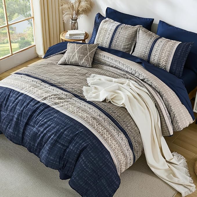 Dintszyayue Blue King Comforter Size Set, 8 Pieces Boho Grey Striped Texture Bed in a Bag Sets, Lightweight Soft Bohemian Comforter and Sheet Set, All Season Microfiber Bedding Sets for Men Women