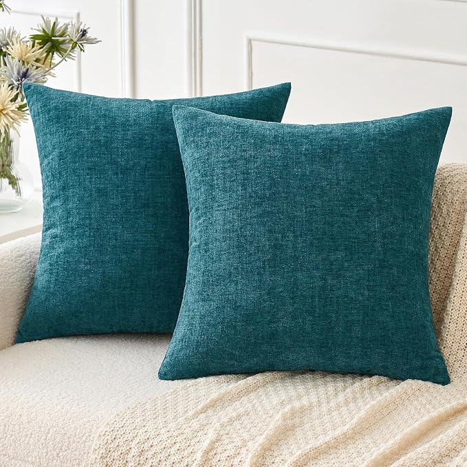MIULEE Soft Chenille Throw Pillow Covers Dark Teal 18x18 Inch Pack of 2 | Modern Coastal Home Decor, Classic Decorative Pillows, Solid Dyed Cases, Boho Couch Cushion Covers for Sofa Bed Living Room