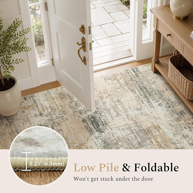 Rugflix 8x10 Area Rugs for Living Room, Washable Gold Beige Grey Large Rug | Machine Washable; Stain-Resistant; Low Pile; Non-Slip; Modern Abstract; Carpet for Bedroom Dining Office Nursery Home