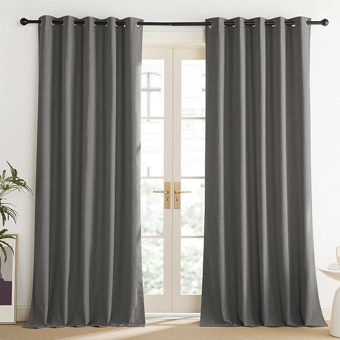 NICETOWN Grizzle Gray Vintage Linen 100% Blackout Curtains for Living Room, Thermal Insulated Curtains 108“ Long, Noise Reducing Window Treatment Drapes for Home Office, 62" Wide Per Panel, Set of 2