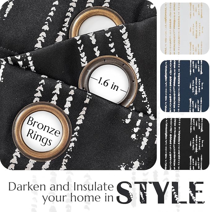 jinchan Boho Blackout Curtains 63 Inch Length for Bedroom Living Room | Silver on Black Geometric Foil Printed Grommet Curtains Room Darkening Thermal Insulated Window Treatments 2 Panels