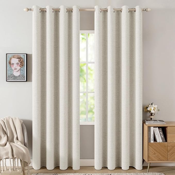 MIULEE 100% Blackout Linen Curtains for Bedroom 52x108 Inches Linen Beige | Room Darkening, Light Blocking, Thermal Insulated, Grommet Top, Linen Textured, Window Curtains for Living Room, 2 Panels