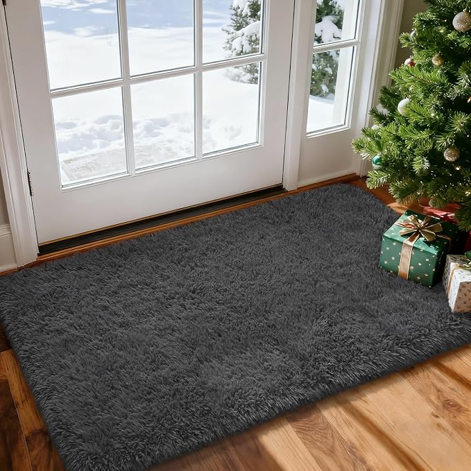 Fluffy Shaggy Small Area Rug, Dark Grey 2x4 Runner Rugs for Bedside Christmas Decor, Mini Fuzzy Plush Throw Rug, Soft Non-Slip Entryway Shag Catpet for Livingroom Holiday Home Aesthetic