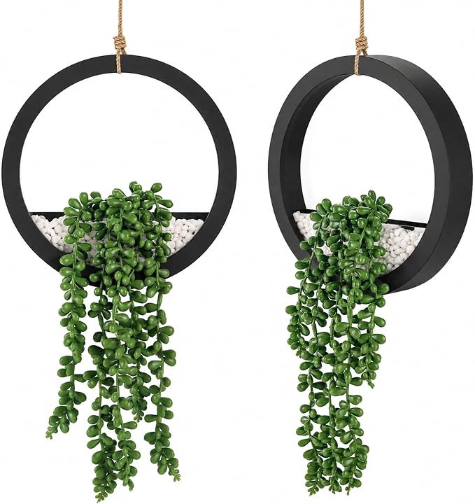 Der Rose 2 Pack 16" Artificial Hanging Plants in Black Pots for Wall Decor | Hanging succulents plants，faux string of pearls plants,great for bathroom bedroom living room boho wall decor，fresh all year