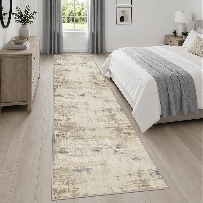 2.6x14 Washable Runner Rug:Modern Abstract Soft Carpet Beige Brown | For Hallway, Bedroom, Kitchen, Laundry, Bathroom,Door Mat,Modern Abstract,Machine washable,Non-Slip,Stain Resistant,Indoor