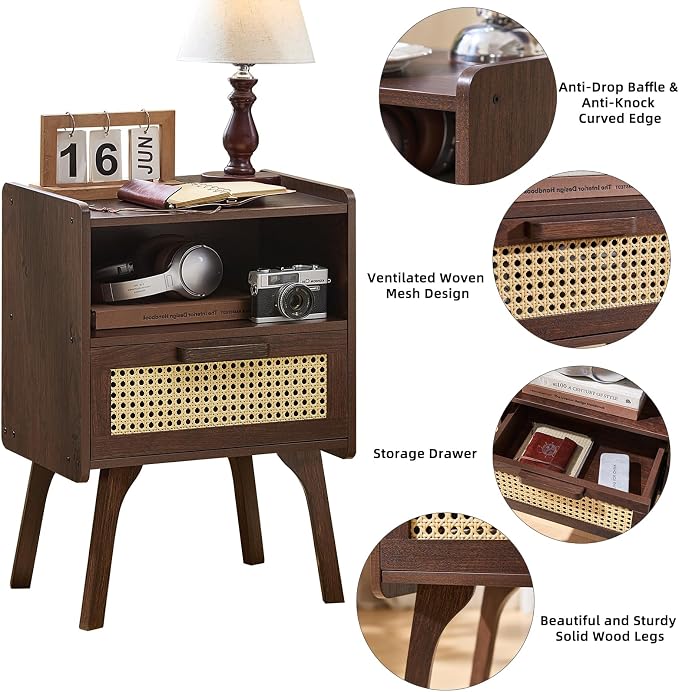Lerliuo Rattan Nightstands Set of 2, Bedside Table with Drawer Open Shelf | Cane Accent Side End Table with Solid Wood Legs, Walnut Vintage Night Stand for Bedroom, Dorm and Small Spaces