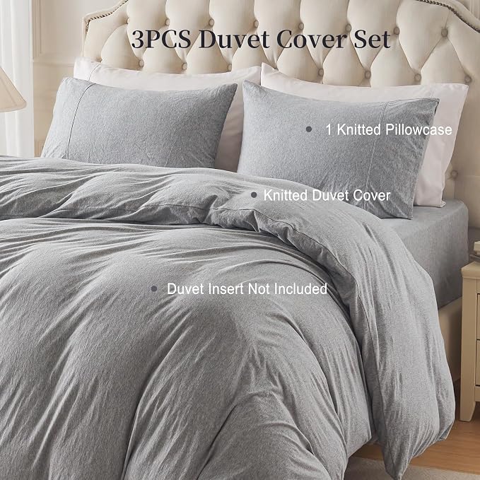 PURE ERA Jersey Knit Sheet Set Heather Light Grey California King | 100% Cotton, 3 Piece Set, T Shirt Soft, Breathable, Envelope Closure Pillowcases, Hidden Zipper, 8 Ties, No Insert, Modern