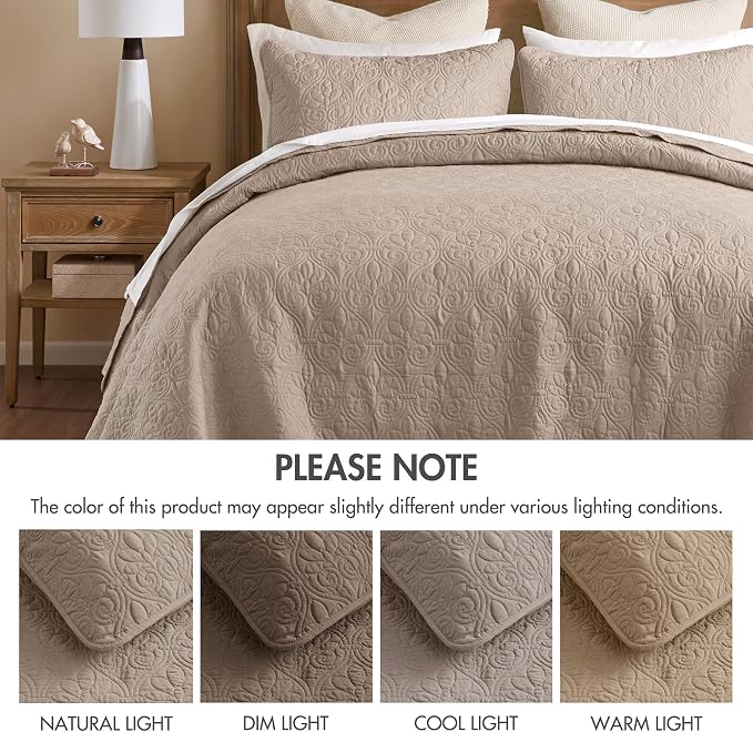 Madison Park Queen Quilt Bedding Set, Cottage-Inspired Damask, 3PC | All Season Quilted Coverlet, Classic Stitch Pattern Bedspread & Shams, Ultra Soft Microfiber Bedspread Set, Khaki