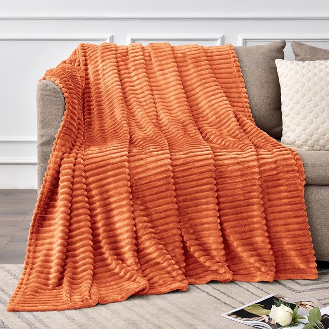 BEDELITE Ribbed Burt Orange Fleece Twin Fall Throw Blanket for Couch, 60x80 | Soft Warm Fluffy Blanket for Bed Sofa College Dorm Room Fall Decor, Luxury Cozy Birthday Gifts for Women Girls, Lightweight