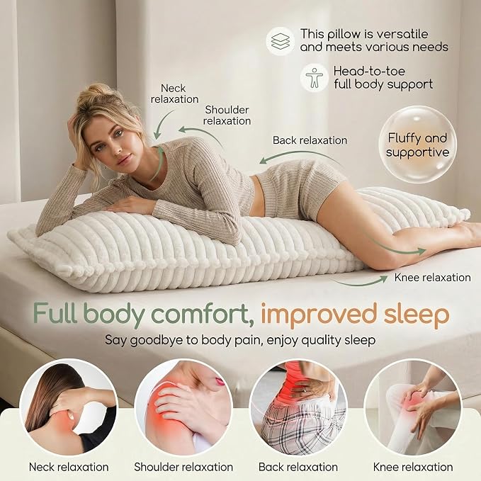 Luxurious Faux Fur Full Body Pillow for Adults,Shredded Memory Foam Body Pillows for Side Sleeper & Pregnancy, 20x54 Inch Fluffy Long Bed Pillow for Back Pain Relief, Removable Cover