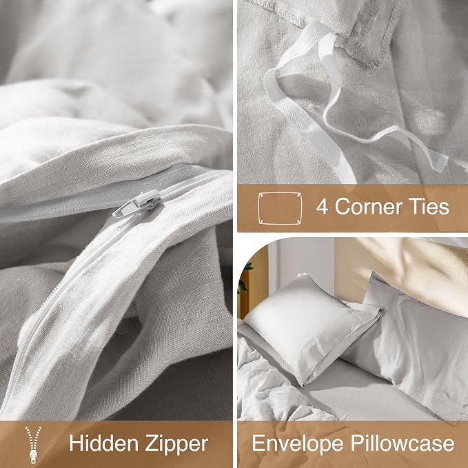 SONORO KATE 100% French Linen Queen Duvet Cover Set,Zipper Closure,3PC | Natural French Flax,Soft Breathable for Hot Sleepers,Moisture Wicking & Durable,4 Corner Ties,Grey