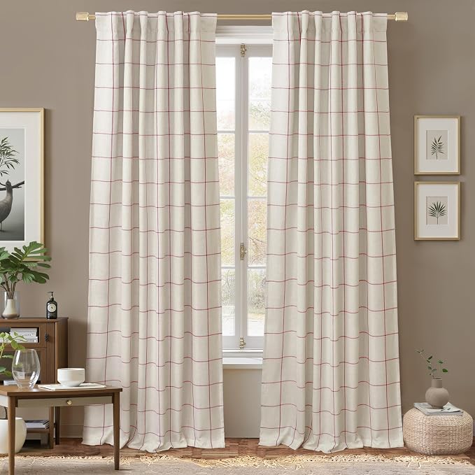 DriftAway 100% Blackout Plaid Linen Curtains 90 Inches Long 2 Panels Red | 100% Blackout, Linen Texture, Plaid Pattern, Two Layers, Rod Pocket & Back Tab, Bedroom Living Room Use, Luxury Appearance